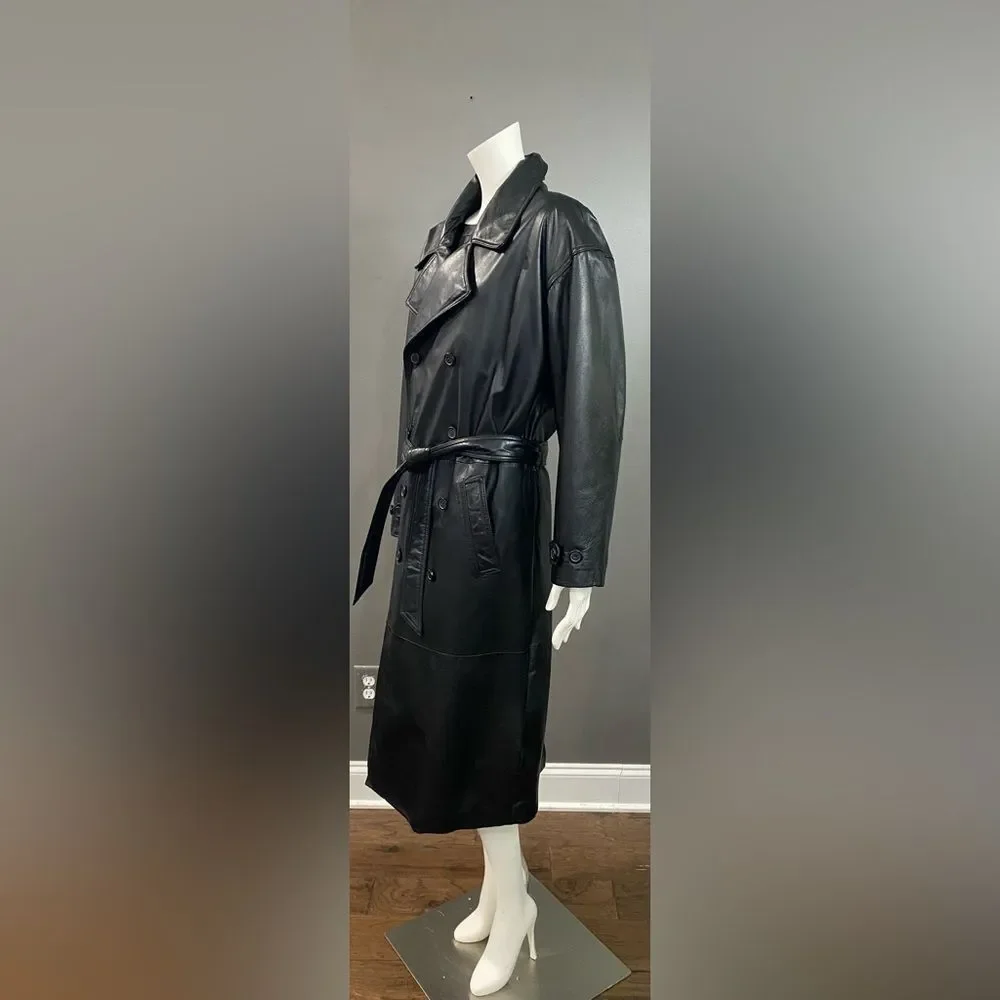 Wilson’s Blk Leather Double Breasted Belted Button Up Full Length Trench Coat M - Picture 5 of 14